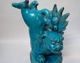 Antique Cyan Blue Ceramic Dog Of Foo