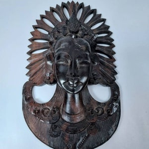 Carved Wooden Indonesian Face of Deity Dewi Sri