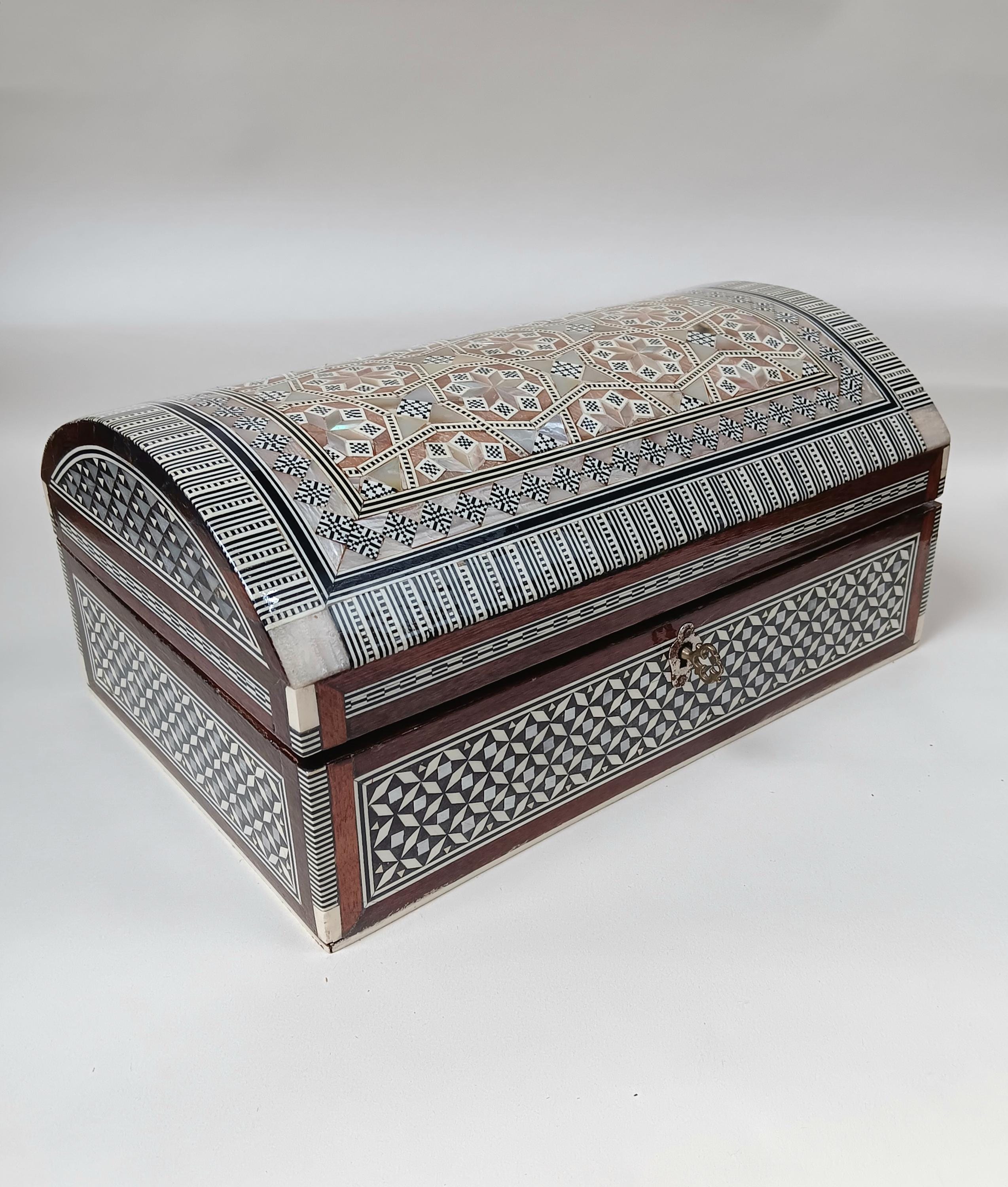 Large Mother Of Pearl Inlaid Khatam Marquetry Red Velvet Lined Domed Box with Key