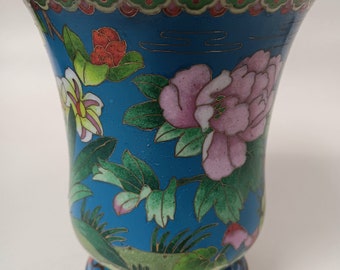 鮮やかな花模様の赤い鳥が描かれた中国七宝焼きの花瓶 - Etsy 日本