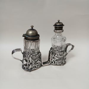 Antique Stainless Steel and Class Art Nouveau Cruet Salt and Pepper Set