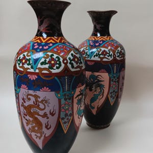 Pair of Antique Cloisonne Balustrade Vases with Roosters and Dragons Detail