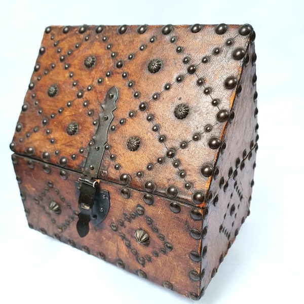 Antique Studded Leather Travelling Case With Iron and Brass Metalwork Detailing