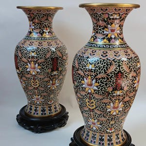 Pair of Antique Chinese Cloisonne Balustrade Vases on Wooden Stands