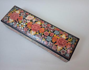 ヴィンテージ手彫り木箱 | インド製ブラウン木製花彫り収納 | MCM蓋