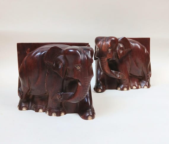 手彫りの木製象のブックエンド 2個セット - Etsy 日本