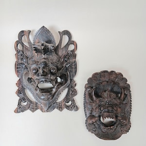 Pair of Hand Carved Wooden Indonesian Garuda Mask Faces