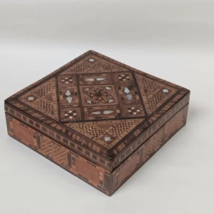 Square Wooden Khatam Marquetry Box with Blue Silk Lining