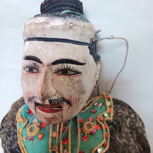 Antique Indonesian Wooden Handmade Puppet With Moveable Mouth and Handle