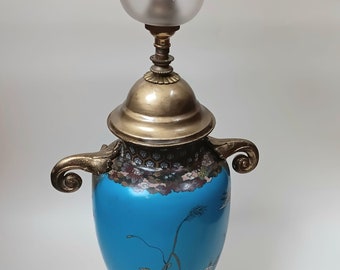 Antique Japanese Cloisonne Stork Vase Lamp with Etched Glass Shade