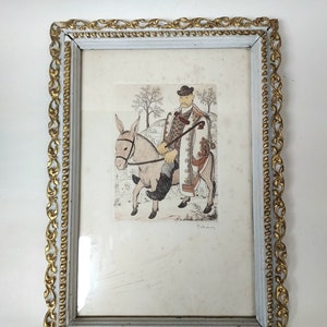 Antique Hungarian Framed Coloured Pen and Ink Drawing &#39;Three Men on the Way to Church&#39; by István Pekáry