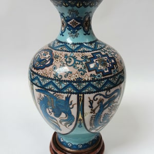 Antique Japanese Blue Dragon and Phoenix Cloisonne Vase