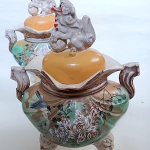 Pair of Ceramic Satsuma Japanese Koro Incense Bowls And Lids with Dogs Of Foo