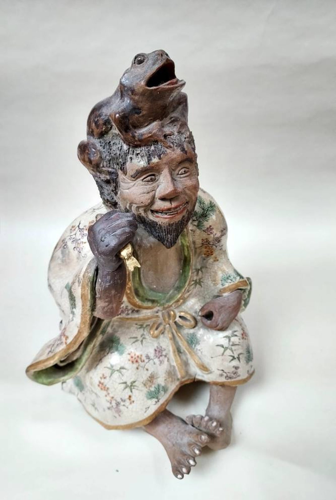 Japanese Ceramic Statue of Man With Toad and Fish Etsy