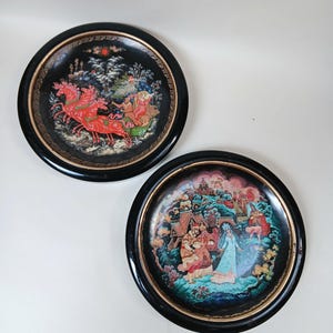 Pair of Framed Ceramic Russian Fairytale Plates - Morozko and The Snow Maiden