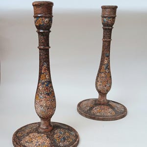 Pair of Antique Wooden Art Nouveau Hand-Painted Poker Work Folk Art Candlesticks