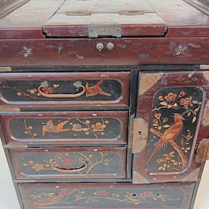 Wooden Lacquered Miniature Chinese Cabinet with Ornate Embellishment