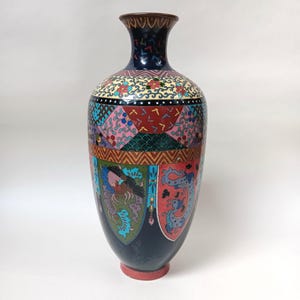 Japanese Meiji Period Cloisonne Red and Green Dragon and Rooster Balustrade Vase