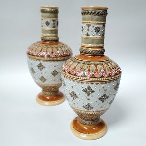 Pair of Antique German Mettlach Art Nouveau Hand Decorated Ceramic Bulb Vases