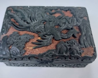 Antique Chinese Carved Box | Vintage Phoenix Relief Trinket Box | Chinoiserie Wooden Jewelry Chest | Black and Red Cinnabar Box Gift