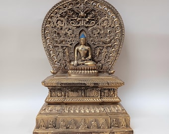 Tibetaans verguld bronzen beeld Boeddha Shakyamuni op Repoussé-troon met aureool