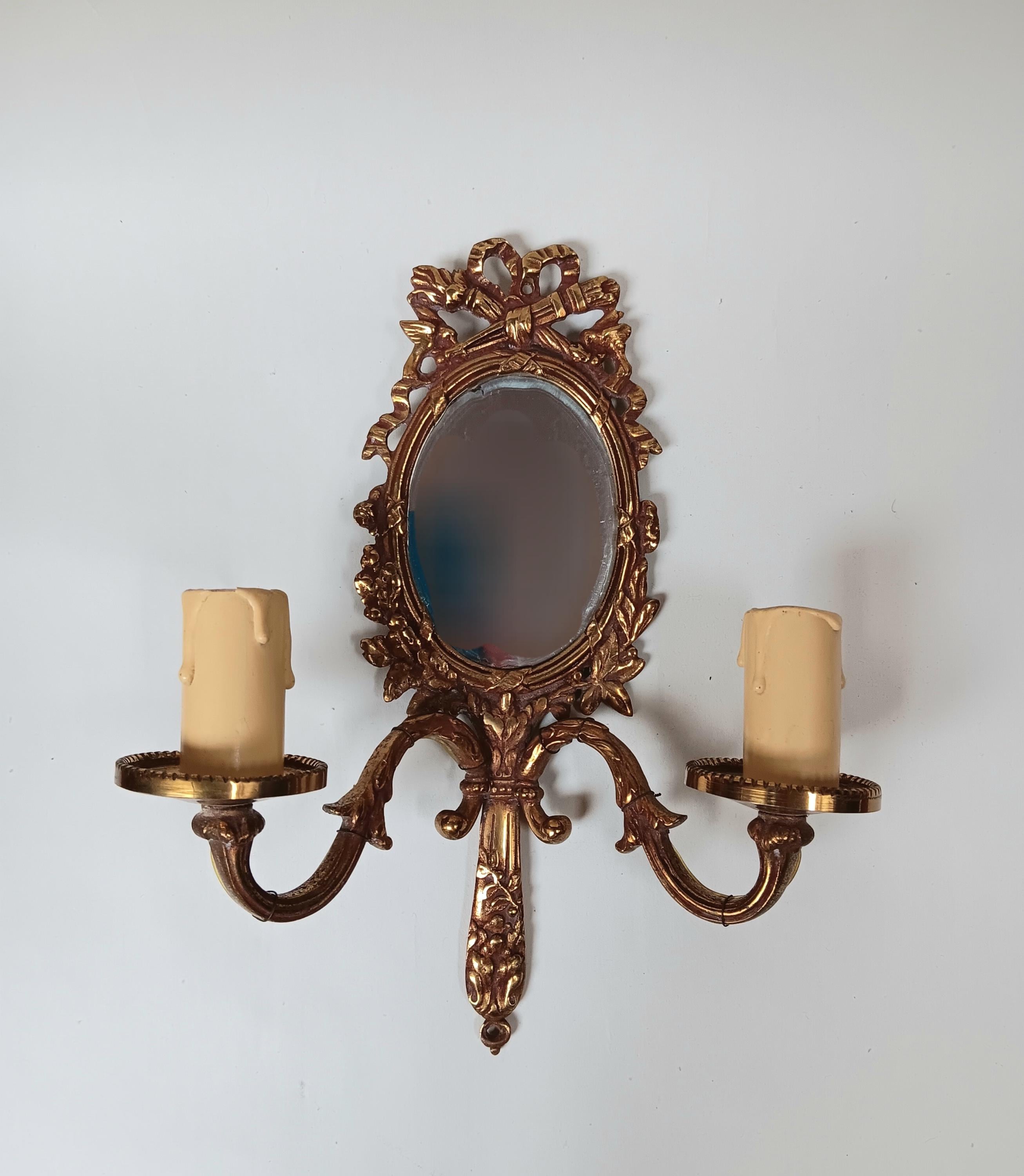 Louis XV French Style Gilt Bronze Mirrored Double Front Wall Sconce Girandole Light