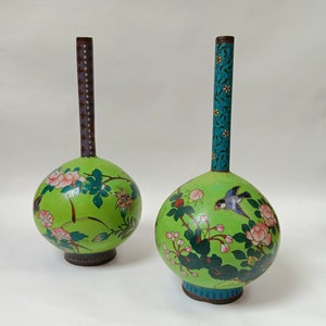 Meiji Period Antique Japanese Bird and Butterfly Enamel Cloisonne Pipe Vases