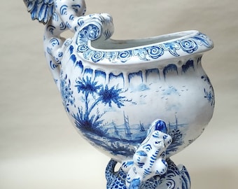 Antique Dutch Blue And White Porcelain Tureen Bowl With Dragons