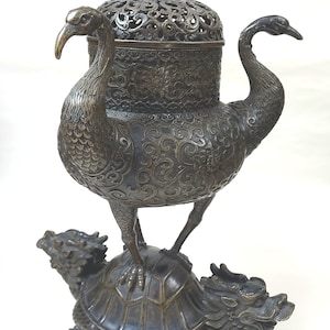 Large Antique Chinese Bronze Crane and Dragon Turtle Censer