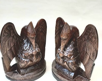 Two Antique Handcarved Wooden German Bookends