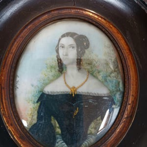 Italian Handpainted Antique Watercolour Miniature Portrait in Wooden Frame