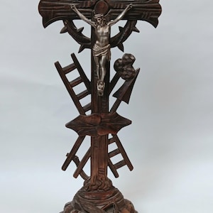 Vintage French Handcarved Wooden Cross on Stand