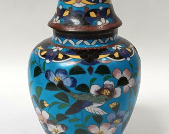 Antique Japanese Meiji Butterfly and Floral Cloisonne Ginger Jar Vase with Lid