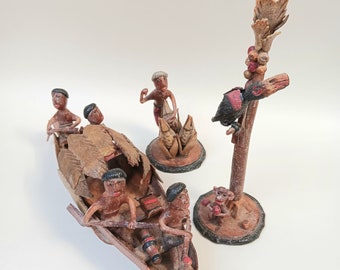 Three Leather Folk Art Handmade Figures Diorama From Former British Guyana