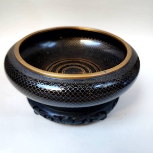 Black And Gold Cloisonne Bowl With Wooden Carved Stand