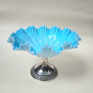 WMF Antique Art Nouveau Blue Milk Glass Silver Plated Pedestal Dish