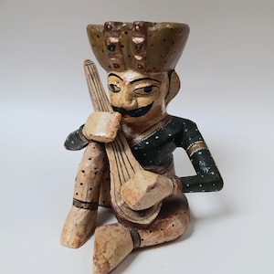 Vintage Wooden Hand Carved Indian Rajasthani Musician with Sitar Figure
