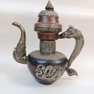Large Tibetan Himalayan Brass, Silver And Copper Dragon Butter Teapot