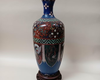 Japanischer Cloisonne Drachen und Phoenix Balustradenvase mit Holzständer