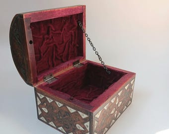 Oval Inlaid Khatam Marquetry Box with Red Ruched Velvet Lining