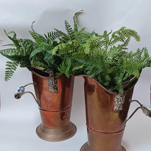 Pair of Antique Dutch Copper and Brass Coal Scuttle Buckets, Featuring Lion&#39;s Head Motifs and Delft Porcelain Handles
