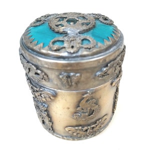 Tibetan Filigree Silver Snuff Box With Jade Inlay