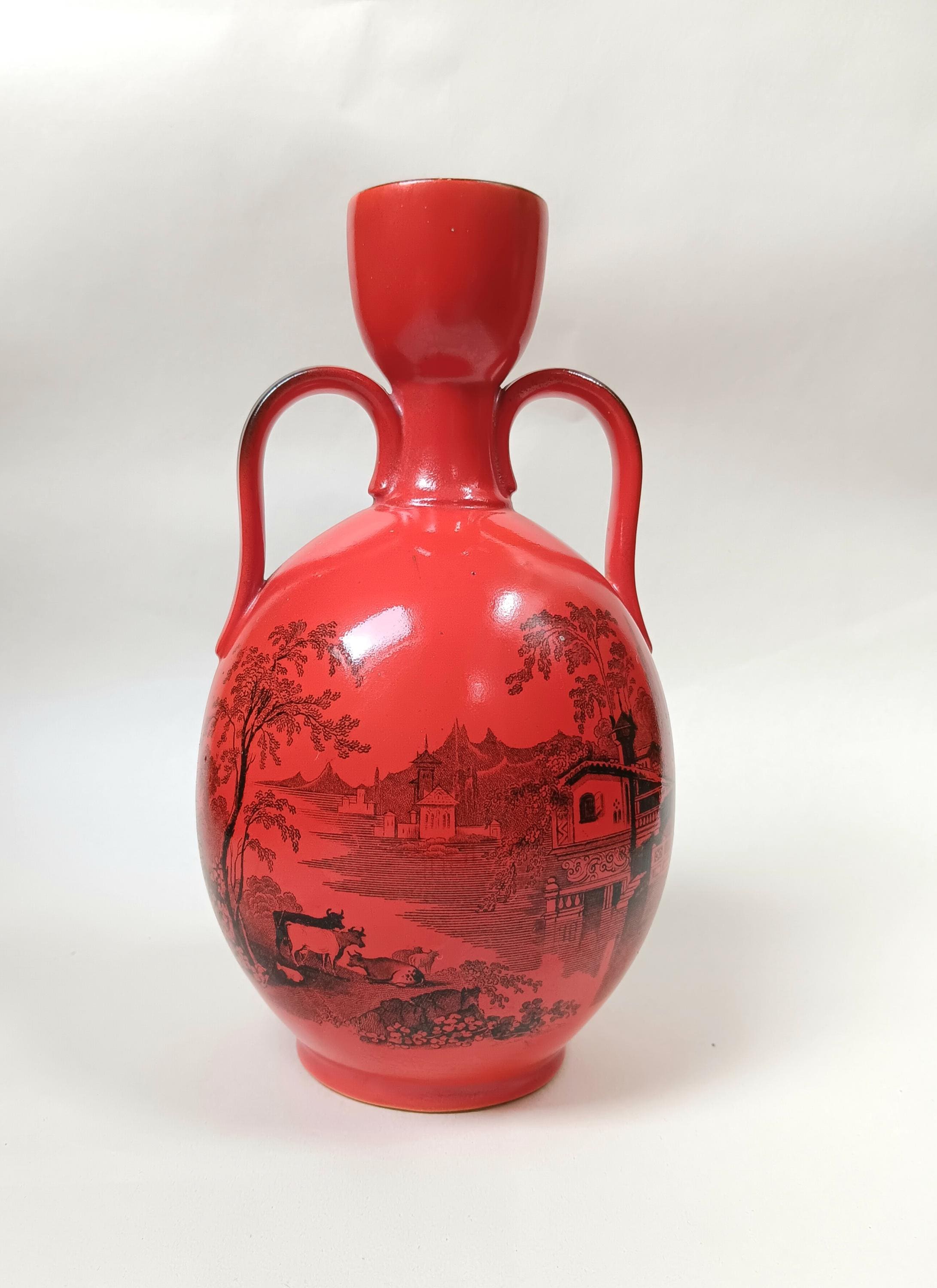 William Adams Orange Ceramic Copper Plate Etching Vase Designed by