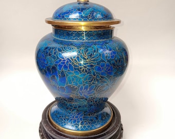 Blue and Gold Chinese Cloisonne Jar with Lid and Wooden Stand