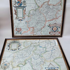 Antique Pair of Saxton&#39;s Maps of Leicestershire, Warwickshire, and Northamptonshire, Cambridgeshire