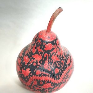 Red Laquered Hand Carved Mexican Gourd