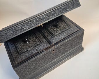 Antique Anglo-Indian Carved Ebony Box with Two Compartments