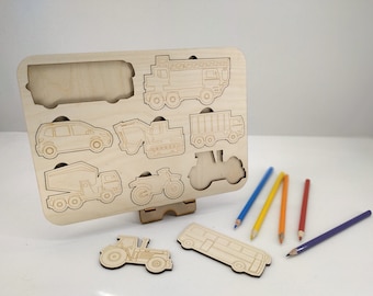 Puzzle de transport en bois, forme éducative Puzzle Montessori Jouet, tout-petits Étudier et peindre des voitures jeu d’apprentissage. Cadeau personnalisé pour les enfants.