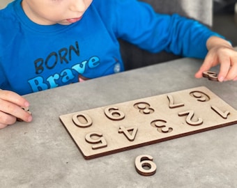 Wooden Number Puzzle Montessori Toddler Learning Activity Toy, Educational Waldorf Wood Puzzle Board numbers Study. Kids Personalized Gift