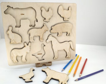 Wooden Farm Animal puzzle, educational shape Puzzle Montessori Toy, toddlers Study and Paint learning game. Personalized Gift for kids.